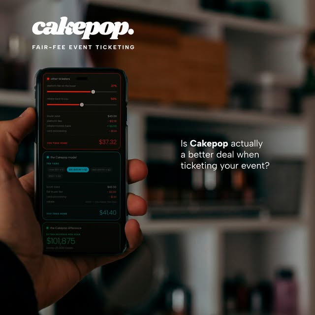 a hand holding a phone running the cakepop fee calculator — is cakepop actually a better deal when ticketing your event?